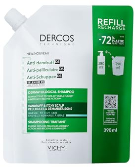Vichy Recarga de Champú Anticaspa, Para Cabello Normal a Graso, Elimina la Caspa y Reduce los Picores, Cuero Cabelludo Limpio y Sano, Doble Eficacia, Unisex, Dercos Technique, 400 ml