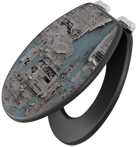 banjado Toilettendeckel anthrazit mit Absenkautomatik/WC Sitz mit Absenkautomatik anthrazit/Klodeckel grau/Toilettensitz dunkel/edle Klobrille - Motiv Wand mit Zeitungen