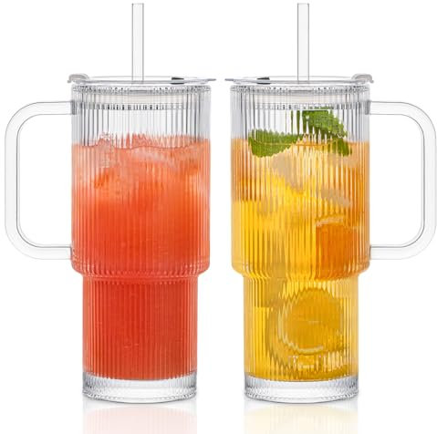 INSETLAN 2 vasos de 760 ml con tapa y pajita, vasos de cristal acanalados con tapa y asa, cristal grueso ideal para café helado, matcha, latte, zumos y otras bebidas