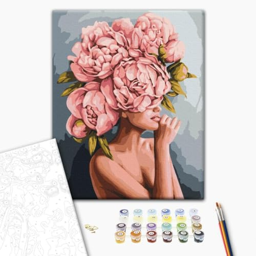 Brushme måla efter siffror pion touch gör-det-själv kit 40 x 50 cm med ram blommig målning akrylfärger penslar väggdekoration present för blomälskare