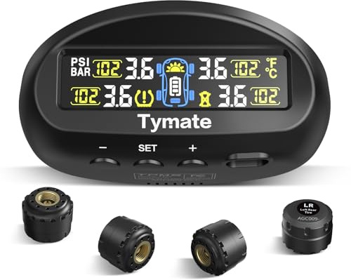 Tymate TM9 Tire Pressure Monitoring System, Compact Wireless Solar TPMS with 4 External Sensors & 6 Alarm Modes, Install on Windshield, Colorful Display, Ideal for RV SUV MPV Truck Sedan (0-87 PSI)