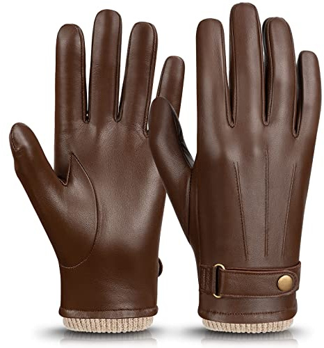 OZERO Guantes de cuero para hombre acolchados – Impermeables, resistentes al agua y con pantalla táctil Guantes de invierno de cuero – Para la ciudad, el automóvil (regalos para hombres)