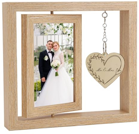 Rotating Floating Photo Frame, 2025 Wedding Picture Frames 6x4, Double Engagement Photo Frame, Wooden Picture Frames, Wedding Gifts for Bride and Groom