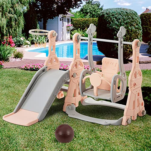 Toboggan pour Enfant 4 en 1,Toboggan D'intérieur pour Enfants 1-3 Ans,Ensemble Glissière et Balançoire 4 en 1,Glissière de Jardin pour L'intérieur et L'extérieur, Rose