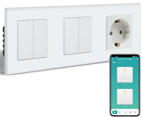 BSEEDLIFE Smart Zigbee Lichtschalter mit Normal Steckdose, Intelligente Taste Schalter Unterputz Kompatibel mit Alexa und Google Home, 228 * 86mm 2-Fach Wandschalter*2+Schuko Steckdose*1, Weiß