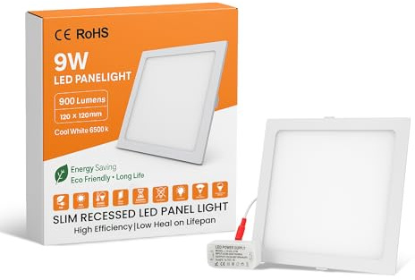 LEDSone 9W 900 Lumen Super Quality Suspended recessed 12cm x 12cm Square Bright LED Office Ceiling Panel Down Light Flat Tile Cool White Company lamp Shop Offices