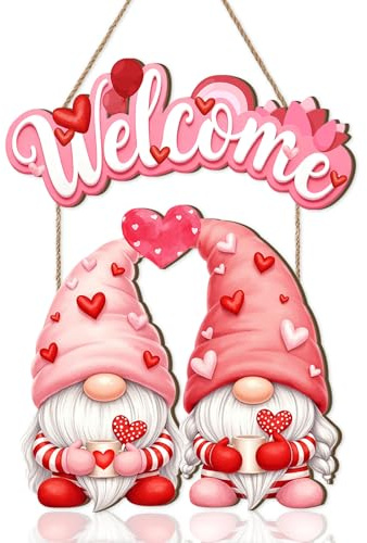 HPNIUB Pink Dwarf Welcome Sign for Front Door,Valentine‘s Garden Gnome Decorations,Happy Valentine's Day Decor for Couples Wedding Anniversary,Funny Wall Art For Living Room Bedroom Home Decor