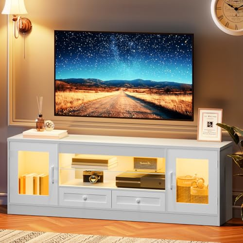 Concho Weiß 148 cm TV-Schrank für 55/60/65-Zoll-Fernseher mit Schubladen, Leuchten, Fernsehtisch, Gaming-Entertainment-Center, Lowboard mit verstellbarem Glasregal, Stand für Wohnzimmer, Schlafzimmer