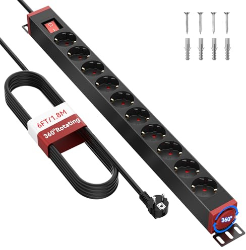 Multiprise Parafoudre 10 Prises, Bloc 360° Rotatif pour Montage Mural, Câble d’Extension 1,8 m, 16A/4000W, pour Bureau et Maison, Noir