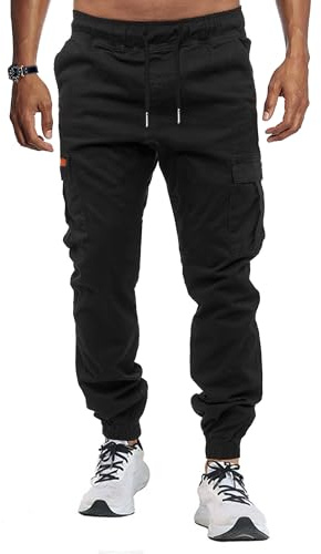 KUNJLELP Joggers for Men UK Multi-Pocket Design Mens Black Cargo Trousers for Casual Outdoor Hiking,Black 05,L