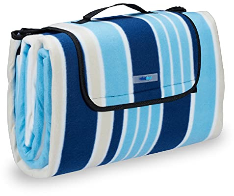 Relaxdays Coperta da Picnic XXL, Plaid Impermeabile, Rivestimento in Alluminio Isolante, Pieghevole e Salvaspazio, con Manico, a Righe, Telo 200x200, Blu-Bianco