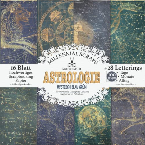 Motivpapier Astrologie Mystisch Blau Grün: Zum Ausschneiden I Dekor für Journaling, Collagen, Karten & Fotoalben I Mit Letterings I Basteln mit Papier Deko & Inspo