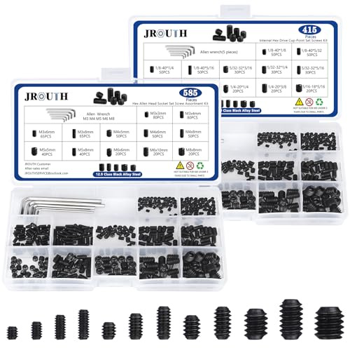 JROUTH 1000pcs Metric + SAE Set Screw Assortment Kit, Internal Hex Drive Cup-Point Allen Screws Set 12.9 Class Alloy Steel Grub Screw (M3-M8, 1/8-40 to 5/16-18)