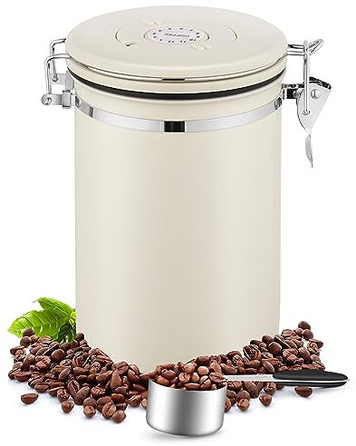 BEZORR Kaffeedose Luftdicht aus Edelstahl, Kaffeedose 1800 ml mit CO2-Auslassventil, eingravierter Datumsanzeige und Messlöffel für Tee Nüsse Kakao Länger und Frisch Bleiben(Beige)