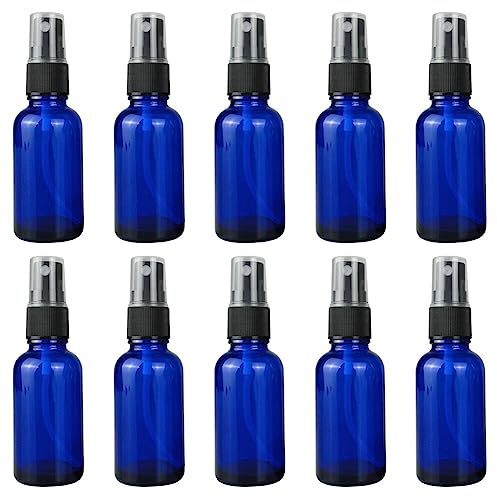 10 botellas de aceites esenciales vacías rellenables de 30 ml, botellas de cristal para aromaterapia, botella de plástico con pulverizador de plástico, botella de farmacéutico azul para aceites