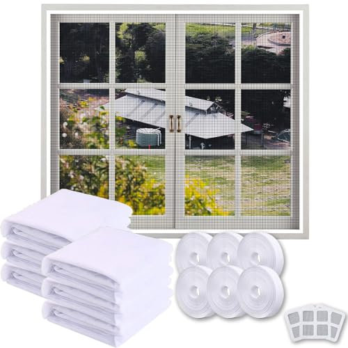 Xiujuers 6 PCS Fliegengitter Fenster, 130 x 150CM Moskitonetze Fenster, Mückenschutz Fenster mit 6 Rollen Selbstklebeband, Insektenschutz Fensternetz,Fliegennetz Fenster, Hält Mücken Draußen (Weiß)