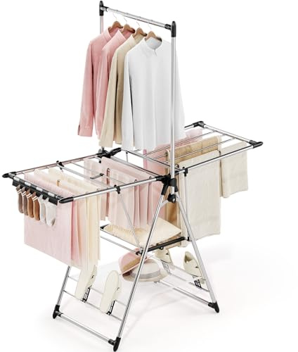 APEXCHASER Clothes Drying Rack with High Hanger, Foldable 3-Level Drying Racks with Shoe Rack, Crossbar and Vertical Rod Laundry Stand with Adjustable Wings Silver