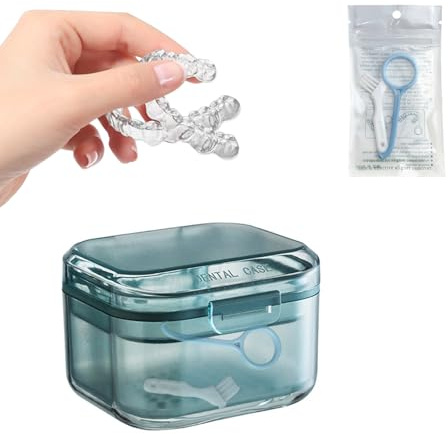 ZIJANG Zahnspangendose & Aufbewahrungsbox für Zahnschienen, Tragbare Retainer Box mit Reinigungsbürste und Haken, In Visalign Case Design für Aligner, Retainer und Zahnersatz (Blau)