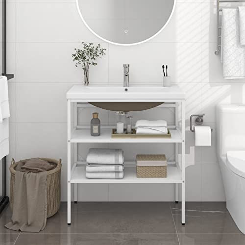 Juroupi Bathroom Washbasin Frame with Built-in Basin White Iron,Bathroom Vanity Storage,Bathroom Washbasin Frame,Home Bathroom Washbasin Frame-3101375