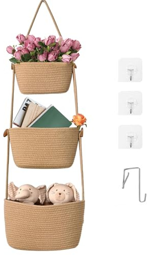 Paniers de rangement suspendus à 3 niveaux, panier mural en coton, panier de rangement amovible avec 4 crochets, organiseur de porte pour chambre à coucher, salon, salle de bain
