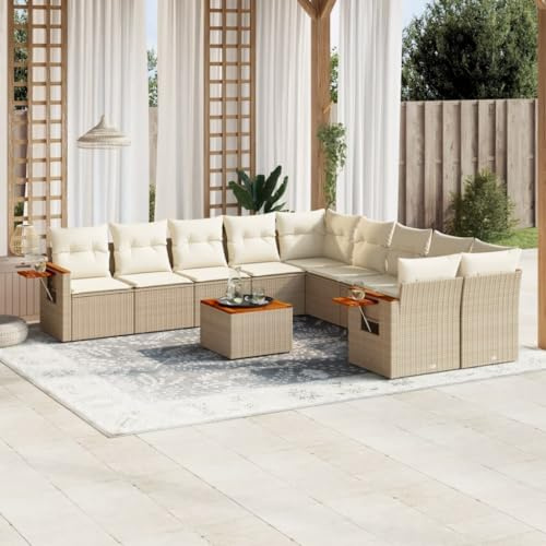 LoogCape Ensemble canapé de jardin de 11 pièces avec coussins beige - Salon en rotin synthétique pour terrasse, balcon et jardin - Groupe de sièges d'extérieur modulaire avec table en bois d'acacia