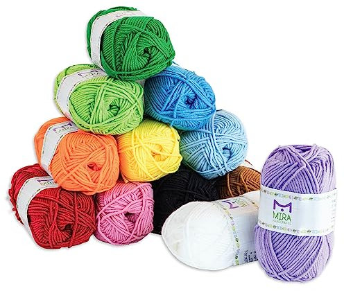 Mira Handcrafts 50 g lange Garn-Bonbons - insgesamt 1200 Meter Strick- und Häkelgarn - Anfängerset mit 12 bunten Garnen