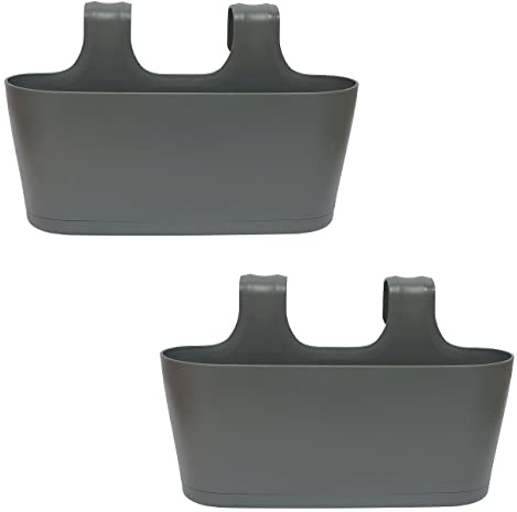 Engelland 2 x Blumenkasten zum Auf-Hängen, Farbe: Anthrazit-Grau, Blumentopf, oval, Balkon, Übertopf, Pflanzkasten, mit Wasserspeicher/Wasserauffangschale