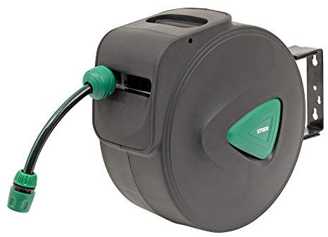 STIER Garten Schlauchtrommel SGS-200 20+2 m mit Sprühpistole automatisch schwenkbar, Gartenschlauch, Automatik-Aufwicklung, für Wandmontage, Trommelrolle Schlauch