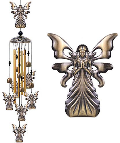 xxschy Campanas de viento de ángel de jardín para decoración interior y exterior, con 4 tubos de aluminio, 6 campanas, 7 ángeles, móvil romántico, atrapador de viento, campanilla de viento de ángel