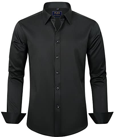 J.VER Men's Dress Shirts Solid Long Sleeve Stretch Wrinkle-Free Formal Shirt Business Casual Button Down Shirts Black Large
