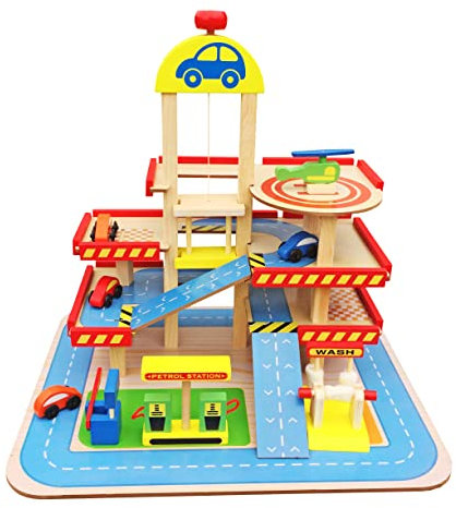 Balinco Holz Parkhaus für Kinder 3 Jahre, 3 Ebenen parkgarage Spielzeug mit Aufzug, Ticketschalter, Autowäsche, Tankstelle, 4 Autos & Hubschrauber Spielset