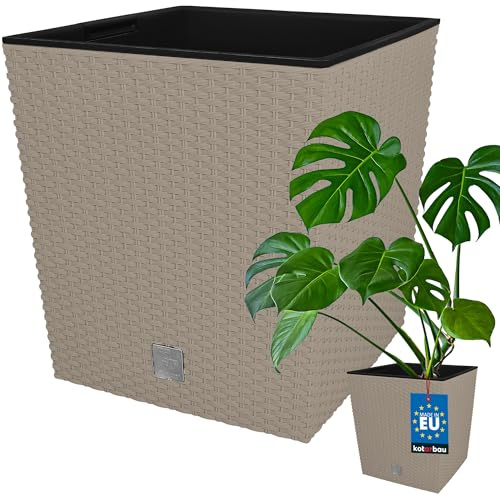 KOTARBAU® Pot de Fleur Exterieur 40 x 40 cm, avec Insert Intérieur | Pot Plastique Plante 64 L, Pot de Fleur Carré, Aspect Rotin, Moka