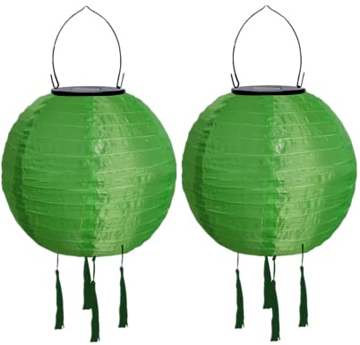 Lampions Außen Wetterfest Solar, LED Solarlaterne Außenlaternen Wasserdicht Solar Lampion mit Quaste Solarlampen Hängende Gartenlaterne Papierlampen Outdoor Ballform Papierlaterne, 20cm (2pcs-Grün)