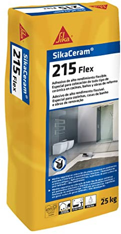 SikaCeram 215 Flex, Blanco, Adhesivo cementoso para el pegado de baldosas, ideal para su colocación en cocinas, baños y obras de reforma, en suelos interiores y exteriores y paredes interiores, 25kg