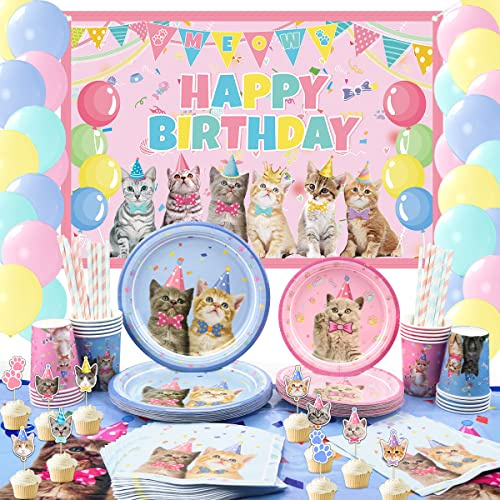 LSJDEER Cat Party Supplies, Cat Dinnerware Kitten Happy Birthday Backdrop Macaron Balloons Plates Napkins Cups - Serves 20 …