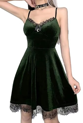 DINGJIUYAN Gothic Lace Short Dress Black Mini Dress Half Moon Corset Gothic Sexy Backless Party Dress, Green, M