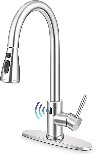 Touchless Kitchen Sink Faucet with Pull Down Sprayer, Herogo Brushed Nickel 18/10 Stainless Steel Smart Activated Faucet for Kitchen Sink, Single Handle, Motion Sensor, for Farmhouse RV