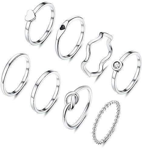 KALVICA 8 Stück 2mm Ring Set Silber/Gold für Damen Edelstahl Plain Dünn Herz Knoten Twist Ringe Set Minimalistisch Stapelbarer Daumen Knöchel Finger Ring