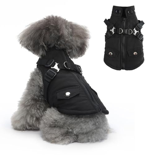 PETCUTE Hundejacke mit Geschirr, Wasserdichter Warmer Hund Wintermantel für Kleine Mittel große Hunde, Reflektierende Hundemantel Hundepullover mit Reißverschluss-Design,Zwei Taschen
