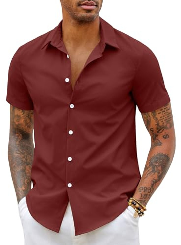 COOFANDY Herrskjortor kortärmad klänning skjorta smal passform affärer vardagliga skjortor arbetsskjorta sommar button-down-skjortor, Vinrött, S