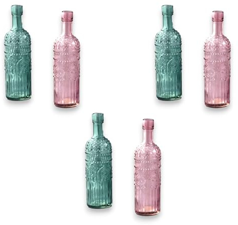 6 Bottiglie Piccole in Vetro Colorate con Decorazione, Capienza 200 ml Circa, Altezza 20 cm Diametro Base 5 cm Decorazione per Casa Tavolo Festa, Vaso Porta Fiori Centro Tavola