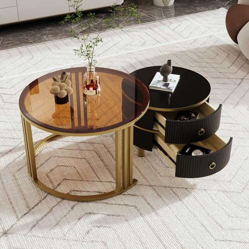 KecDuey 70 x 70 x 46 + 50 x 50 x 40 cm, tavolino rotondo in MDF 2 in 1, tavolino con piano lucido e 1 piano in marmo bianco, combinazione con 2 cassetti (vetro+nero), 3203890