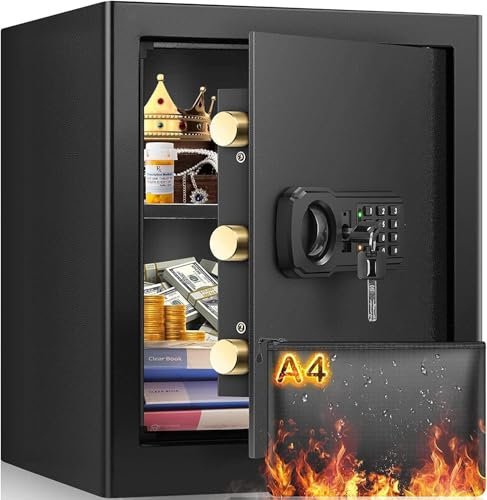 48L Fireproof Home Safe Box with Fireproof A4 Document Bag, Digital Money Safe with Removable Shelf & Mute Function, Large Security Safes for Money Watche Medicine Important Papers