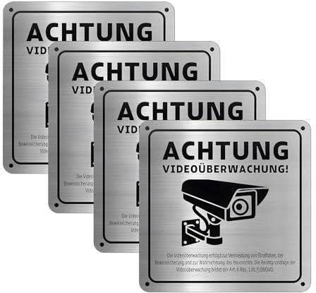 maxtachi Schild Videoüberwachung,4 Stück Vorgebohrte Löcher und Selbstklebende Rückseite Videoüberwachung Schild,Robuster und Langlebiger Aluminiumlegierung,Für Wohngebäude, Lagerhallen-Silber