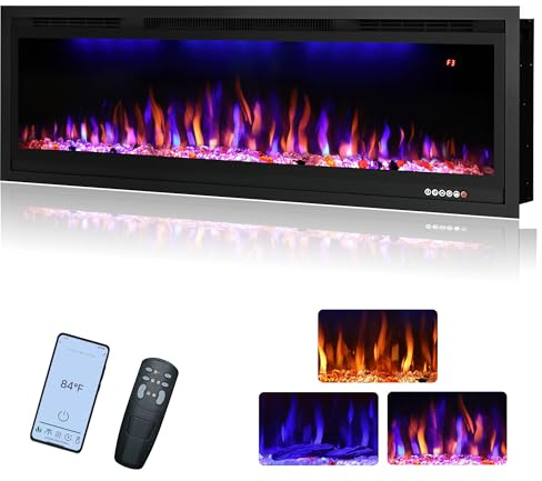 Rodalflame 50/127cm WiFi-Enabled Electric Fireplace Insert, APP Smart Control, Wall Mounted&Recessed Linear Fireplace Heater with Thermostat, Flame&Top Lights, Timer