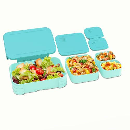 XJIANFU Brotdose Kinder mit Fächern, Auslaufsichere 3 In 1 Bento-Box, Kinder-Lunchbox,Auslaufsicher Fächern,Jausenbox Brotbox für,Mädchen & Jungen,Mikrowelle/spülmaschinenfest (LakeBlue)
