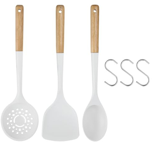 sourcing map 3pcs Silicone Spatula Set, Non-Stick Cooking Spoons with Wooden Handles, Large Slotted Spoon for Mixing Draining Frying Stirring White