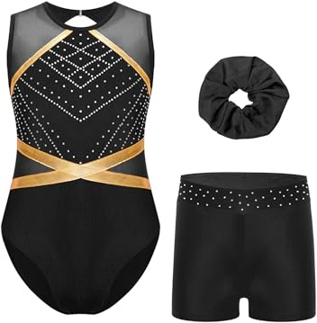 Eandarui Gymnastics Outfit Set for Girls Patchwork Sleeveless Leotard Unitards with Shorts and Headwear Black 9-10 Years
