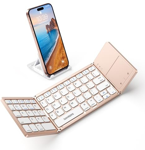 Samsers Tastiera Bluetooth pieghevole con touchpad, tastiera wireless portatile con supporto, ricaricabile, ultra sottile, tascabile, tastiera pieghevole per tablet e laptop Android, Windows, iOS