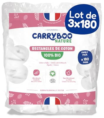 CARRYBOO - Carrés Cotons Bébé 100% Bio - Peaux Normales & Sensibles - Ultra Doux & Résistants - Hypoallergéniques - Change & Toilette - Pour toute la famille - 540 cotons